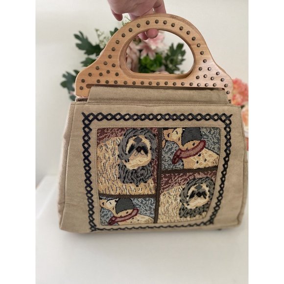 Dalmatian Shih Tzu Dog Beaded Tapestry Faux Velour Handbag Bag Wood Stud Handles - Picture 12 of 16